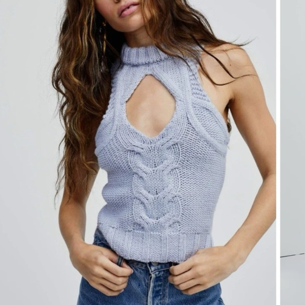 For Love and Lemons Keke Blue Cable Knit Sleeveless Top‎ Crew Neck 2x